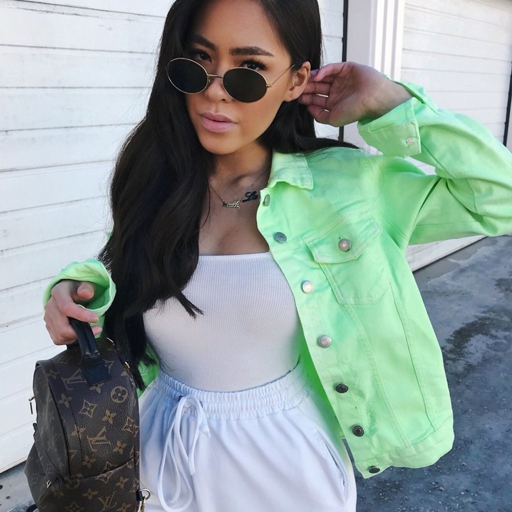 Rumors Neon Green Distressed Denim Jean Jacket - Picture 2 of 11